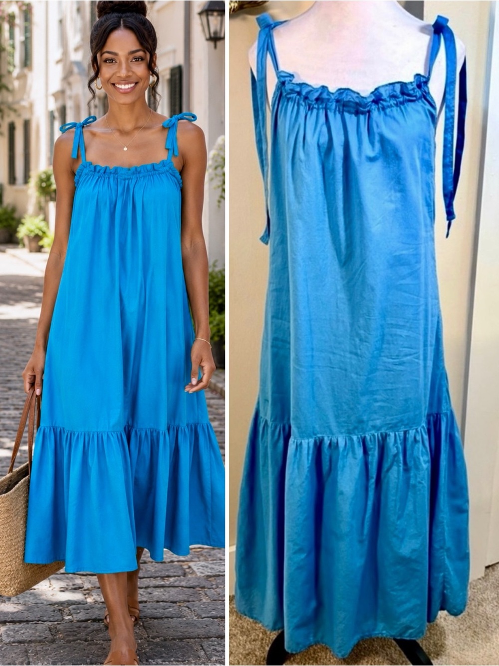 Nation LTD Sequoia Shoulder Tie Midi Dress Lapis Blue Cotton Coastal Midi XS🧡